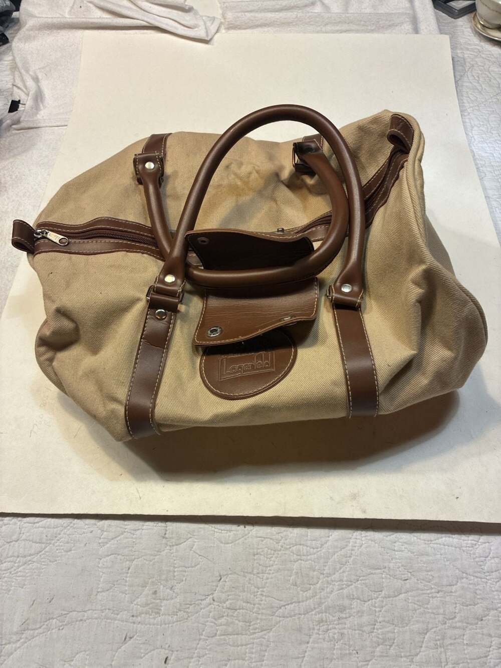 Karl Lagerfeld Le Club Paris Vintage Tan Canvas Travel Duffel Bag